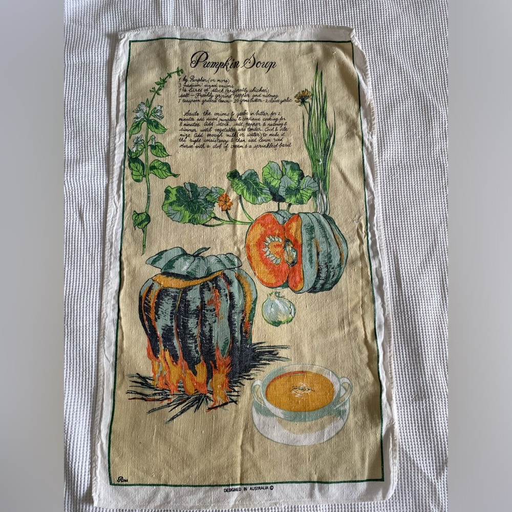 Vintage 70s Linen Blend “pumpkin soup” dish towel/ tea towel.